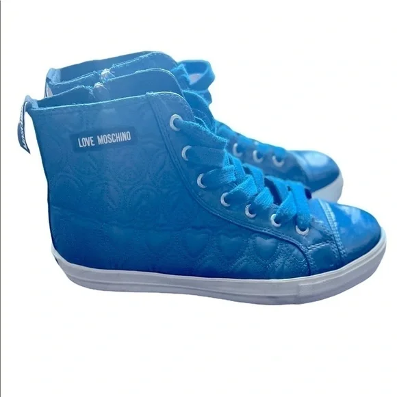 Love Moschino Blue Quilted Hearts Peace Sign High Top Sneakers - Picture 2 of 6